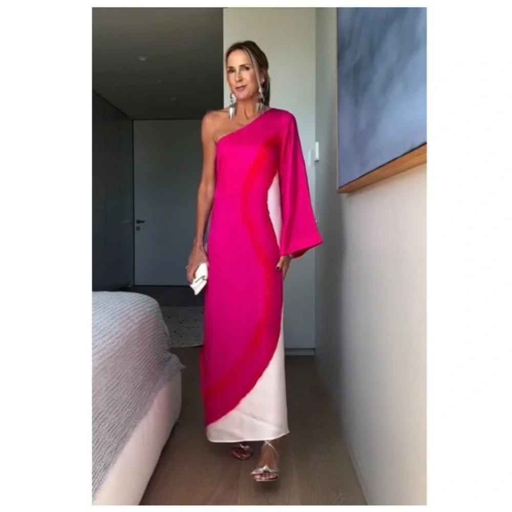 NEW • Australian Designer Elegant Pink, Red & White One-Shoulder Maxi Dress - Picture 1 of 12
